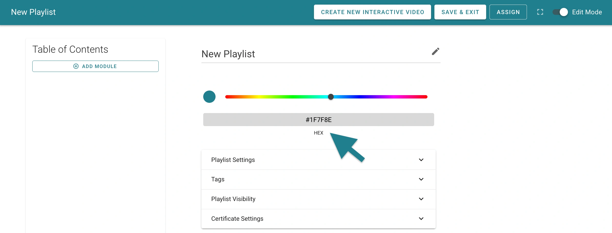 The hex code section is highlighted for users to adjust the theme color for the playlist.
