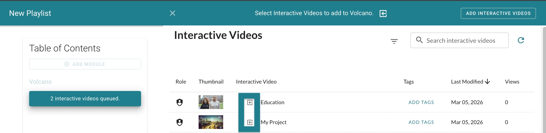 The import icon is highlighted for users to select the interactive videos to import.