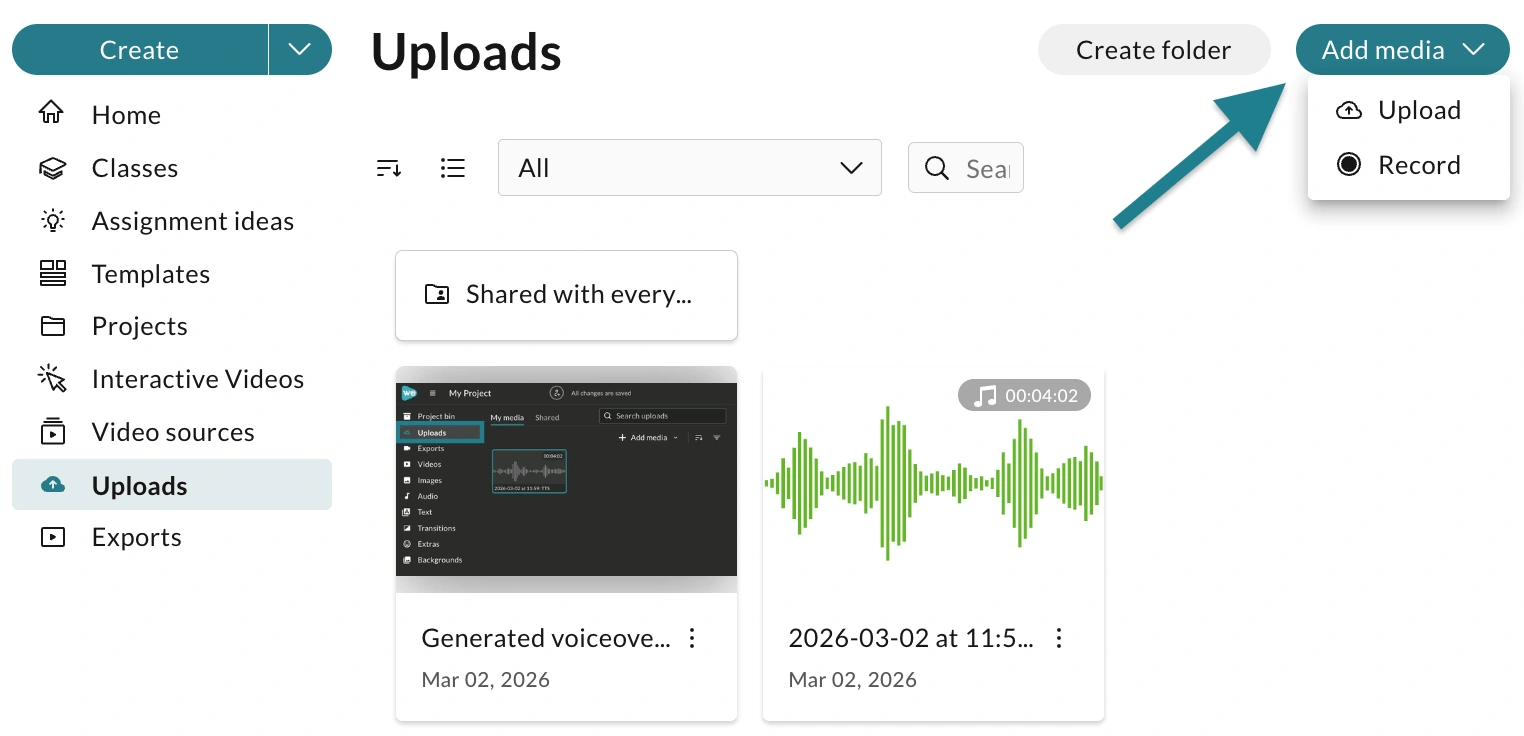 The add media button is highlighted to show the Upload and Record options in the expanded menu.