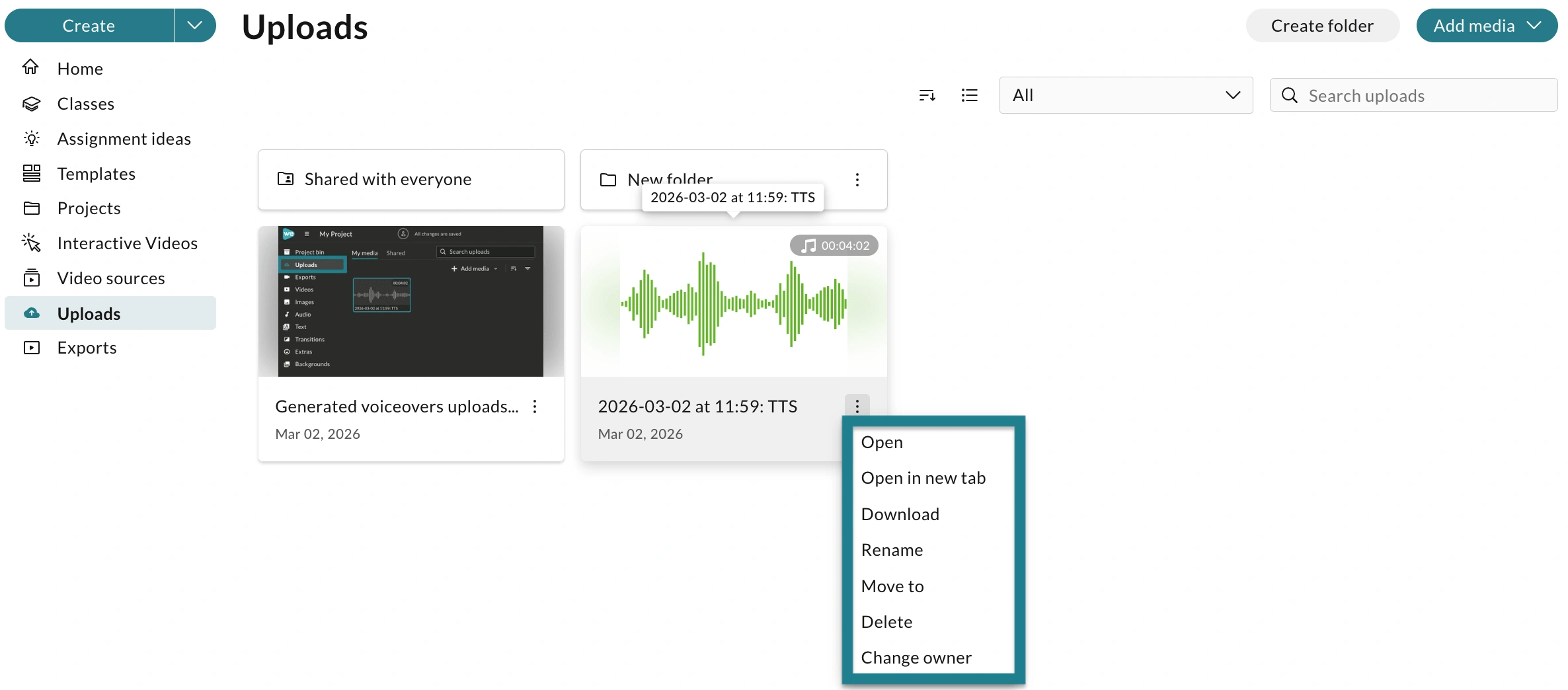 Managing a media file from the Uploads tab in WeVideo. 