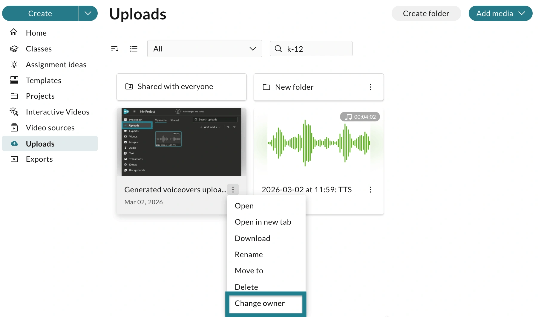The change owner option in the action menu for uploaded media.