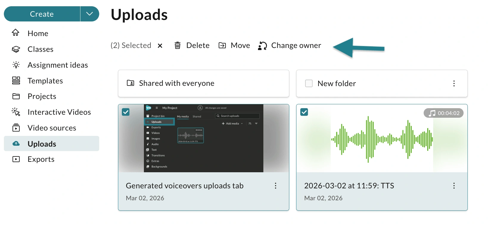 Select multiple uploads by clicking the checkboxes, then click the Change Owner option at the top.