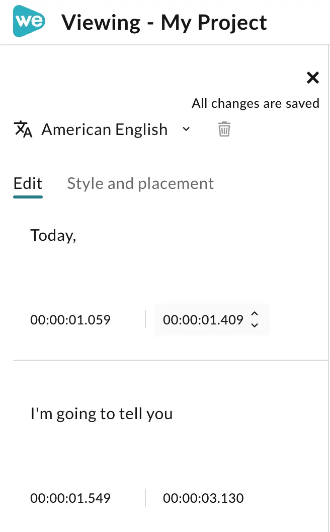 The generated subtitles in WeVideo