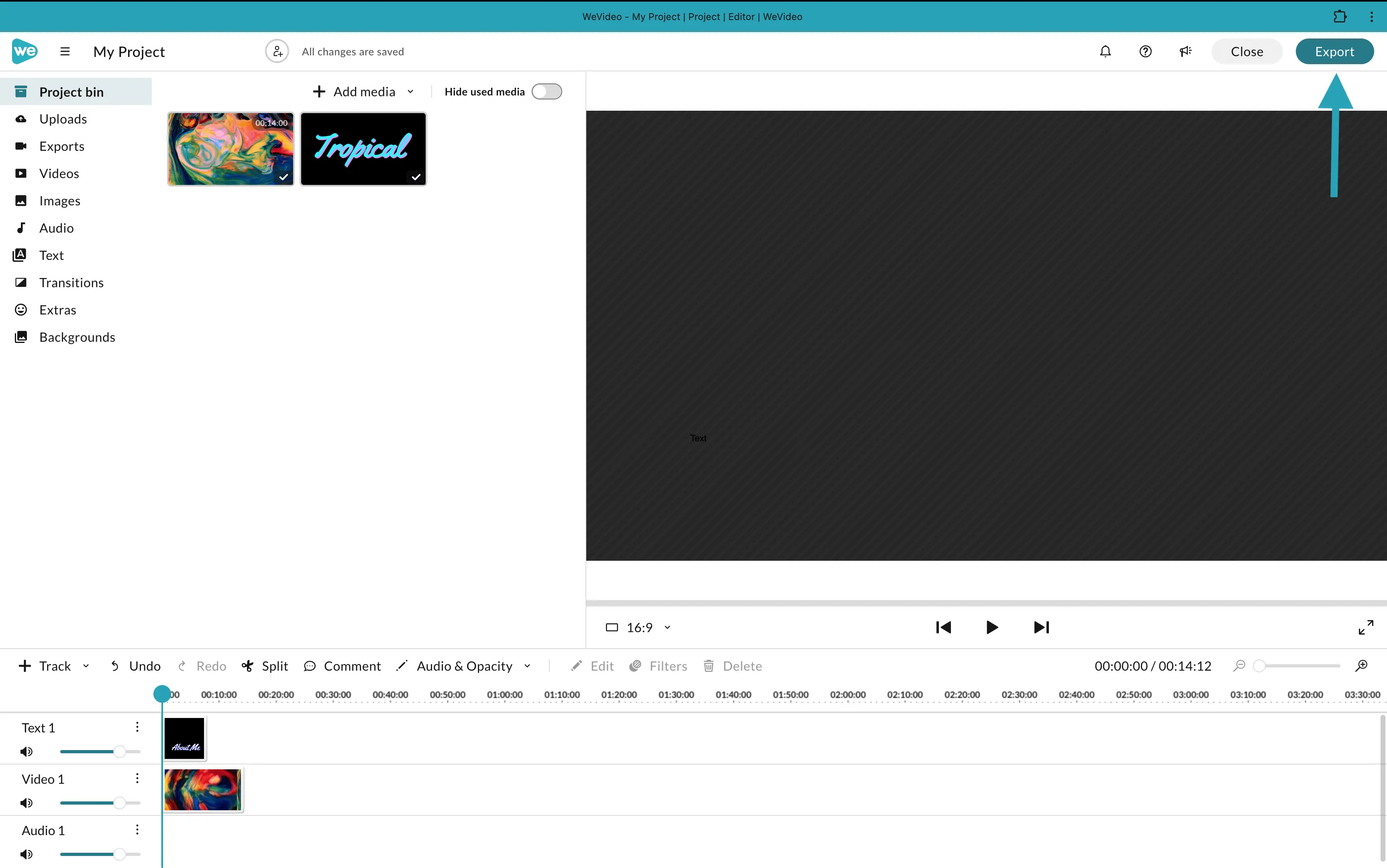 The Export button in the WeVideo Multimedia Creation editor.