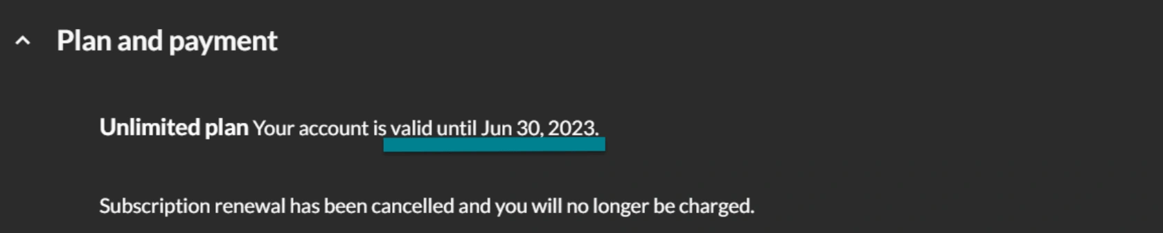 The plan and payment section showing the expiration date of the current plan.