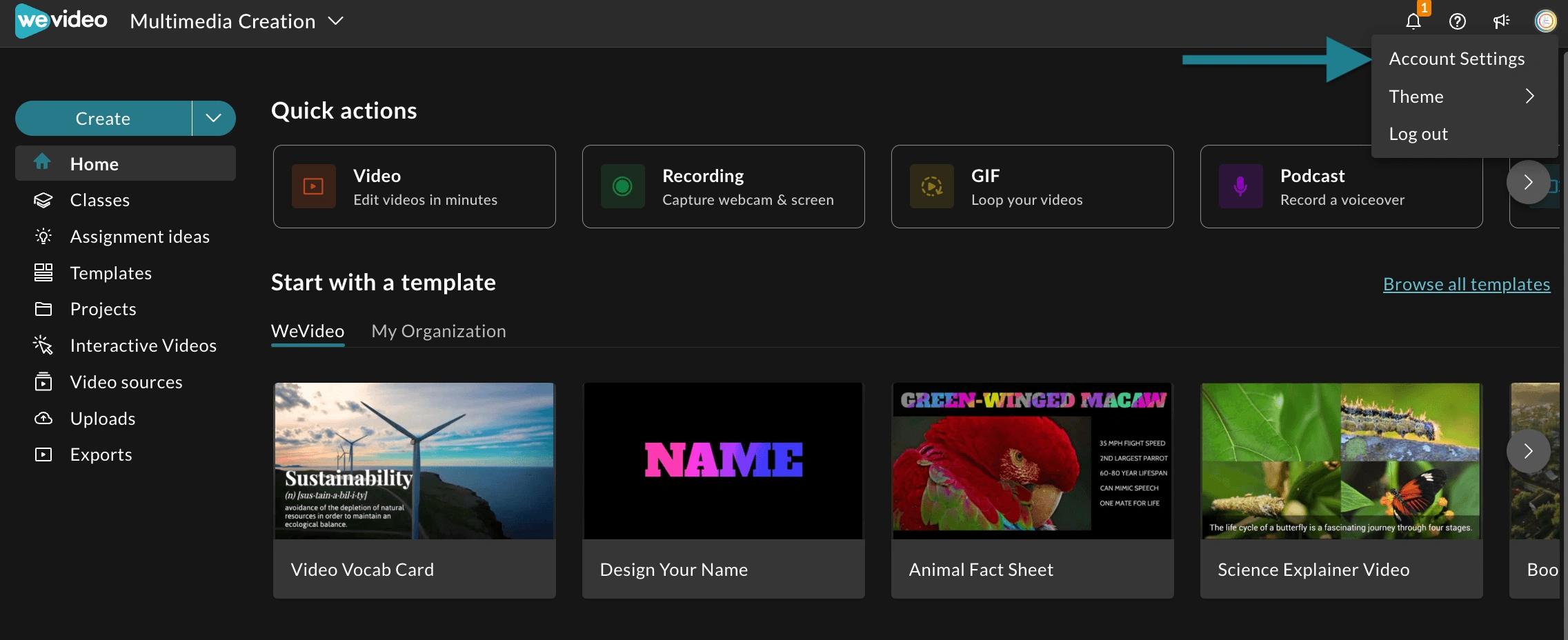 The Account Settings option in WeVideo is marked as the first step.