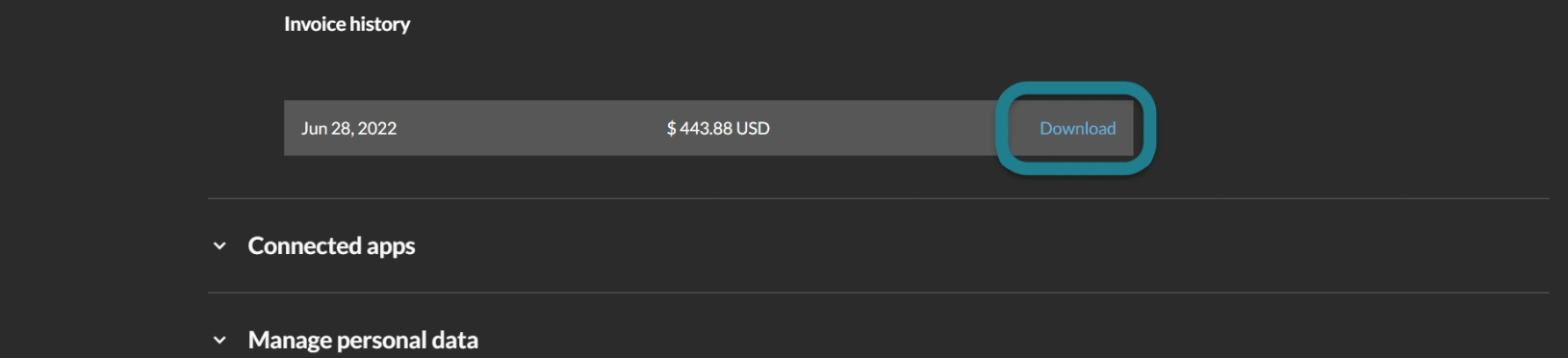 The invoice section in the account settings with the download button.