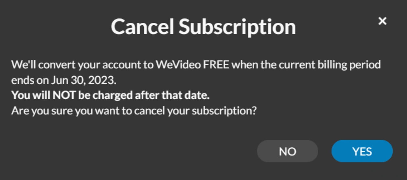 The cancel subscription window