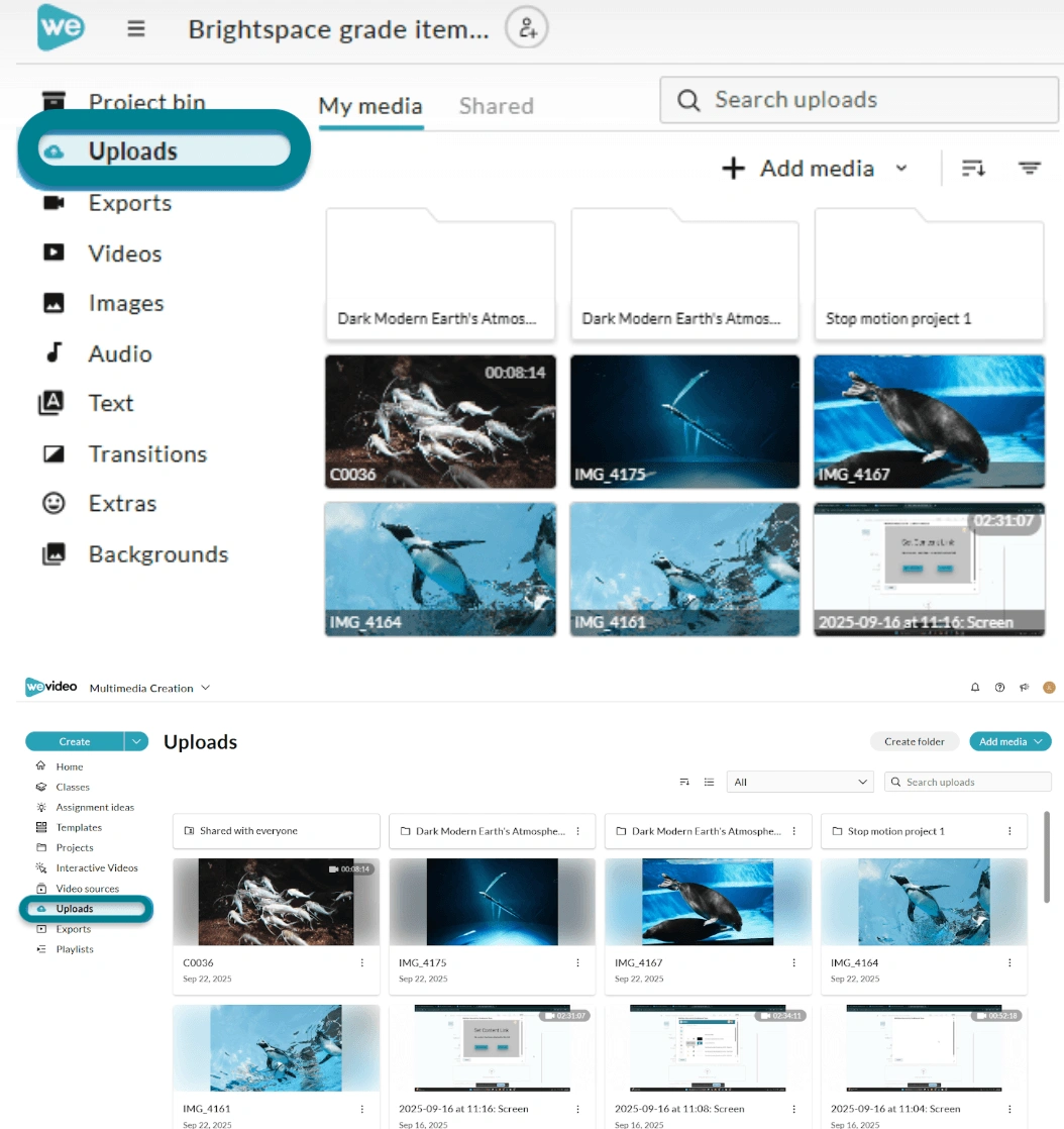 The uploads page in the WeVideo Multimedia Creation space
