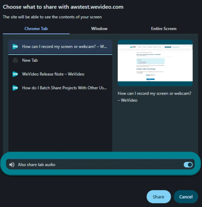 The Chrome window lets users select whether to record from a tab, a window, or the entire screen.