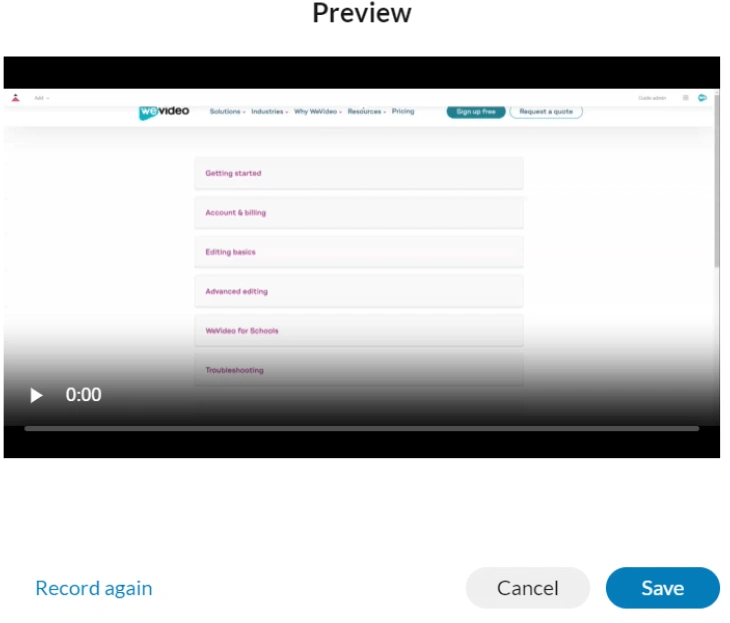 The preview window for the recorded video in WeVideo.