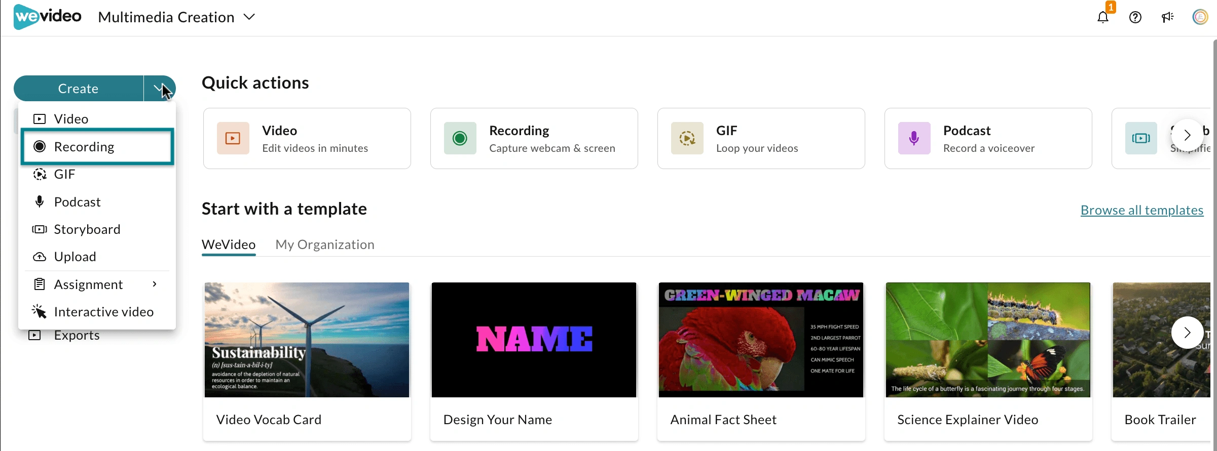 The Recording option in the Create menu in the WeVideo Multimedia Creation space.