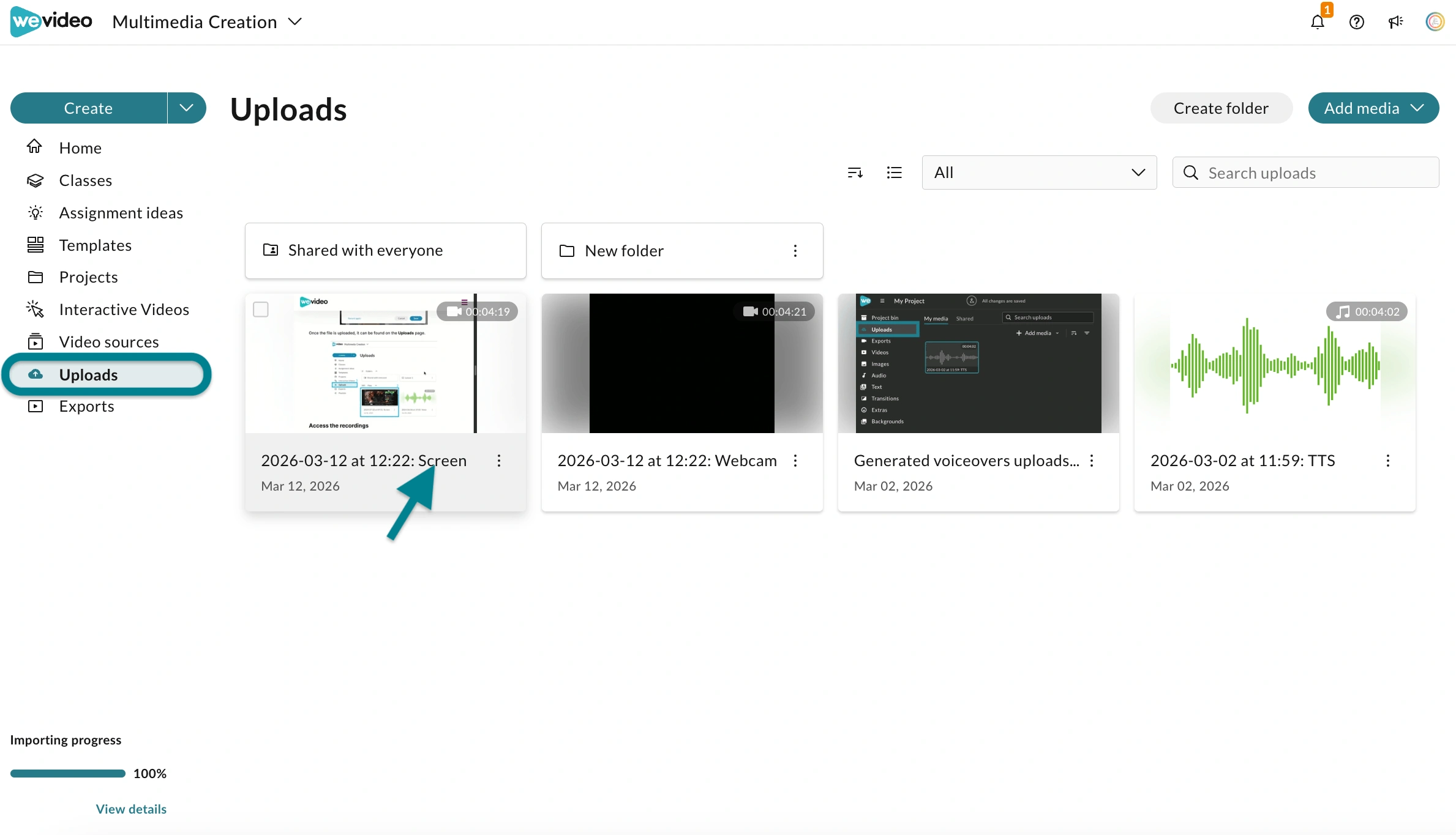 The uploads page in the WeVideo Multimedia Creation space contains the recorded videos.
