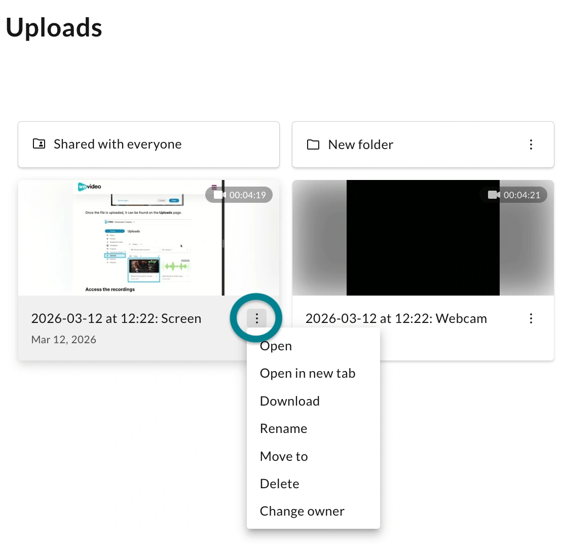 The action menu of the uploaded media in WeVideo