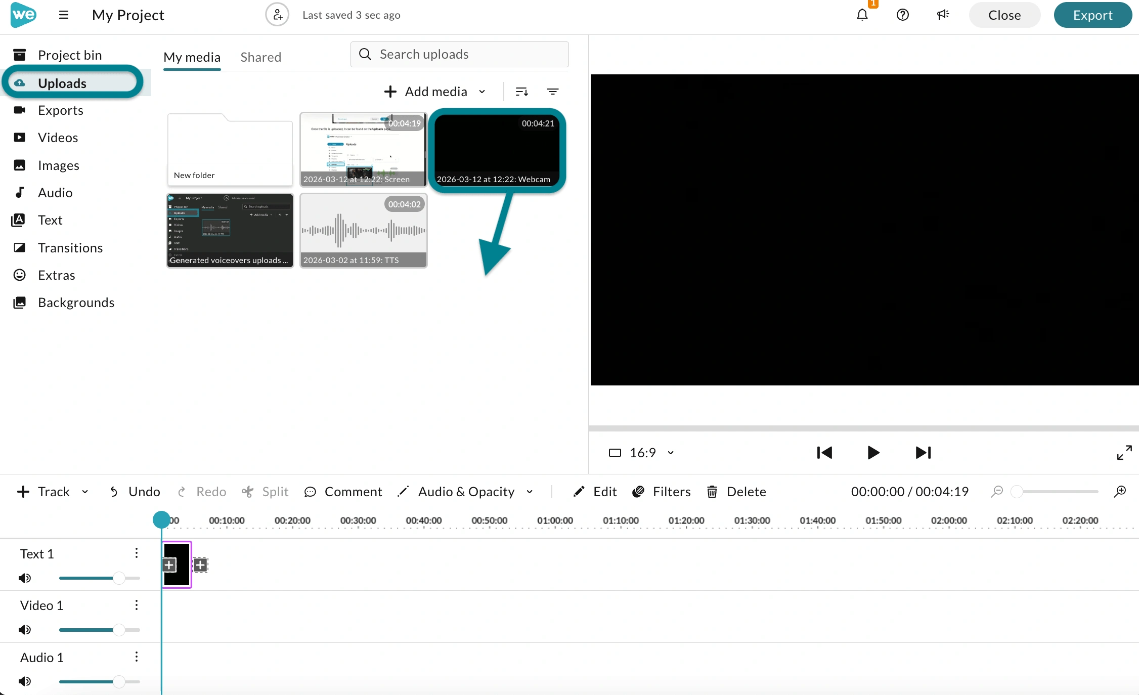 The Uploads tab in the WeVideo video editor showing the recorded media.