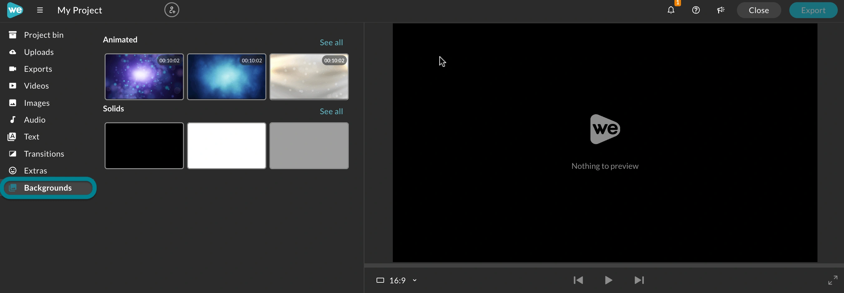 The Backgrounds tab in the WeVideo video editor.