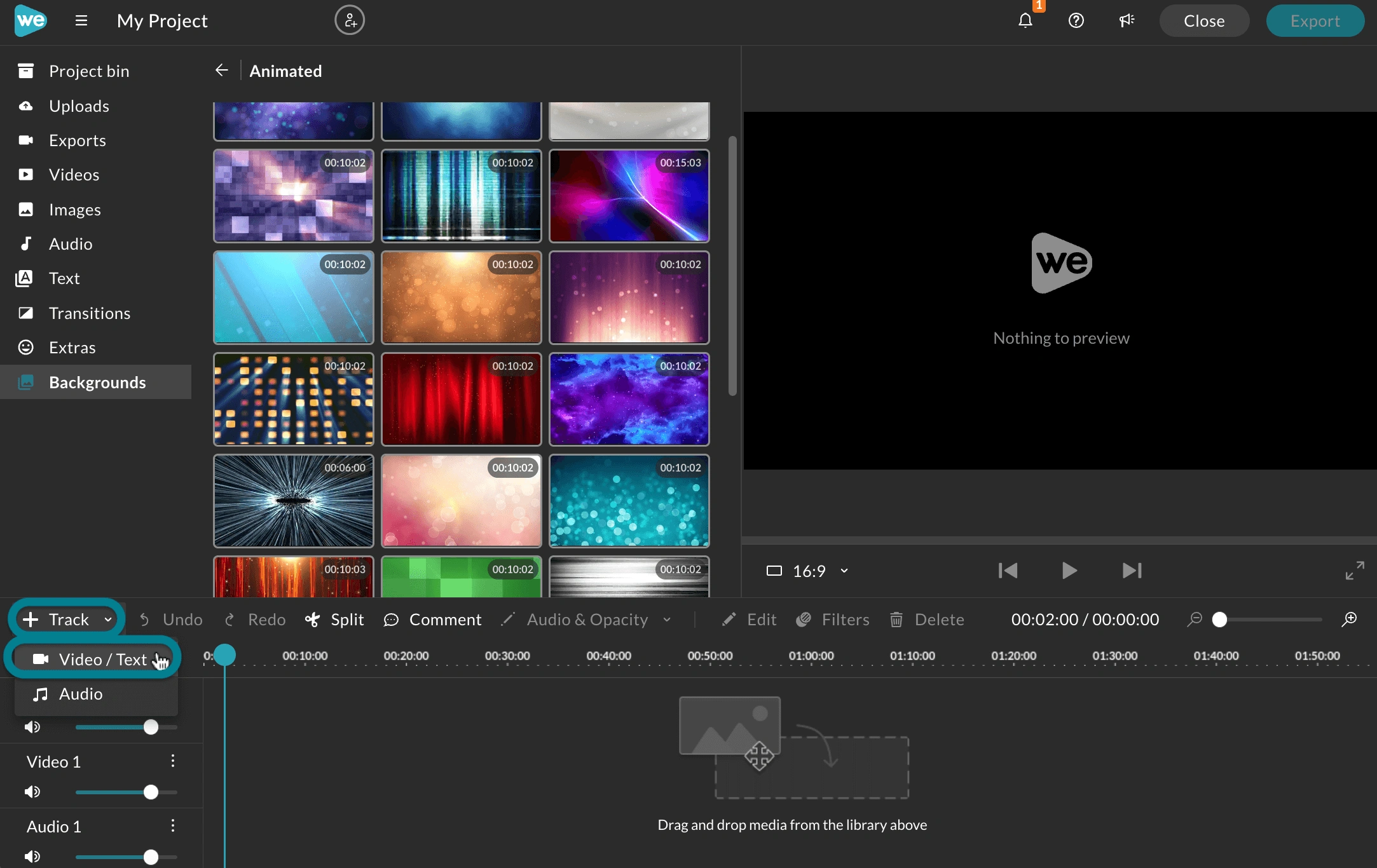 The + track button is marked as the first step, and the Video/text track is marked as the second step.