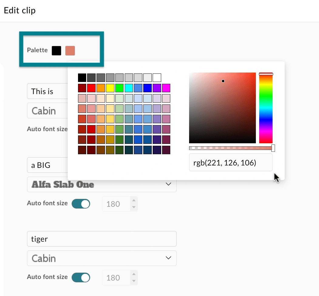 The color palette in the clip editor in WeVideo.