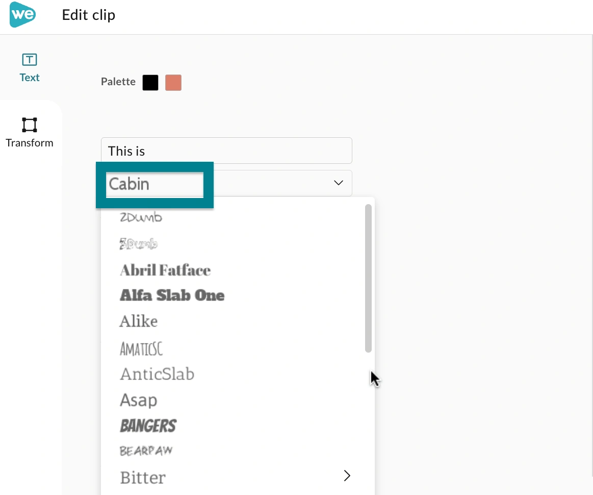 The font selections in the clip editor