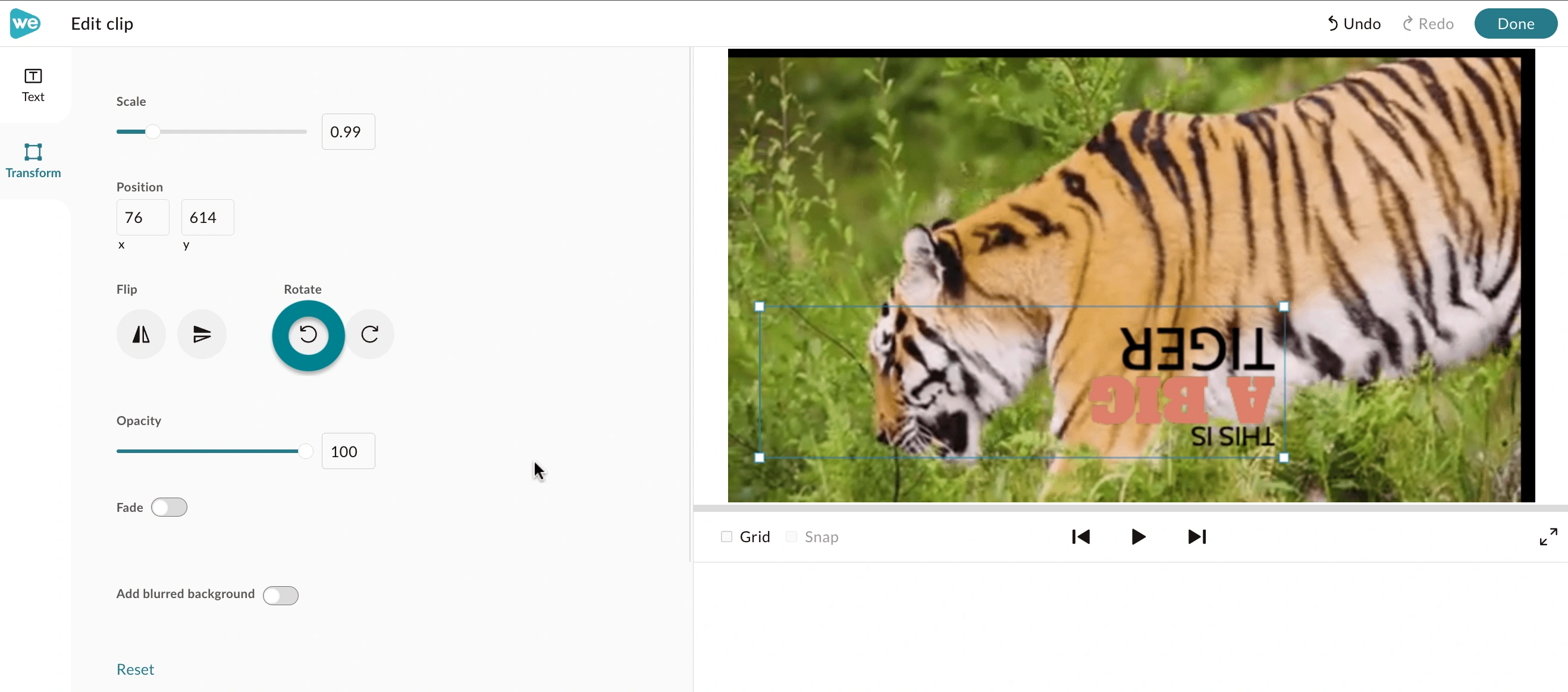 The transform options in the clip editor.
