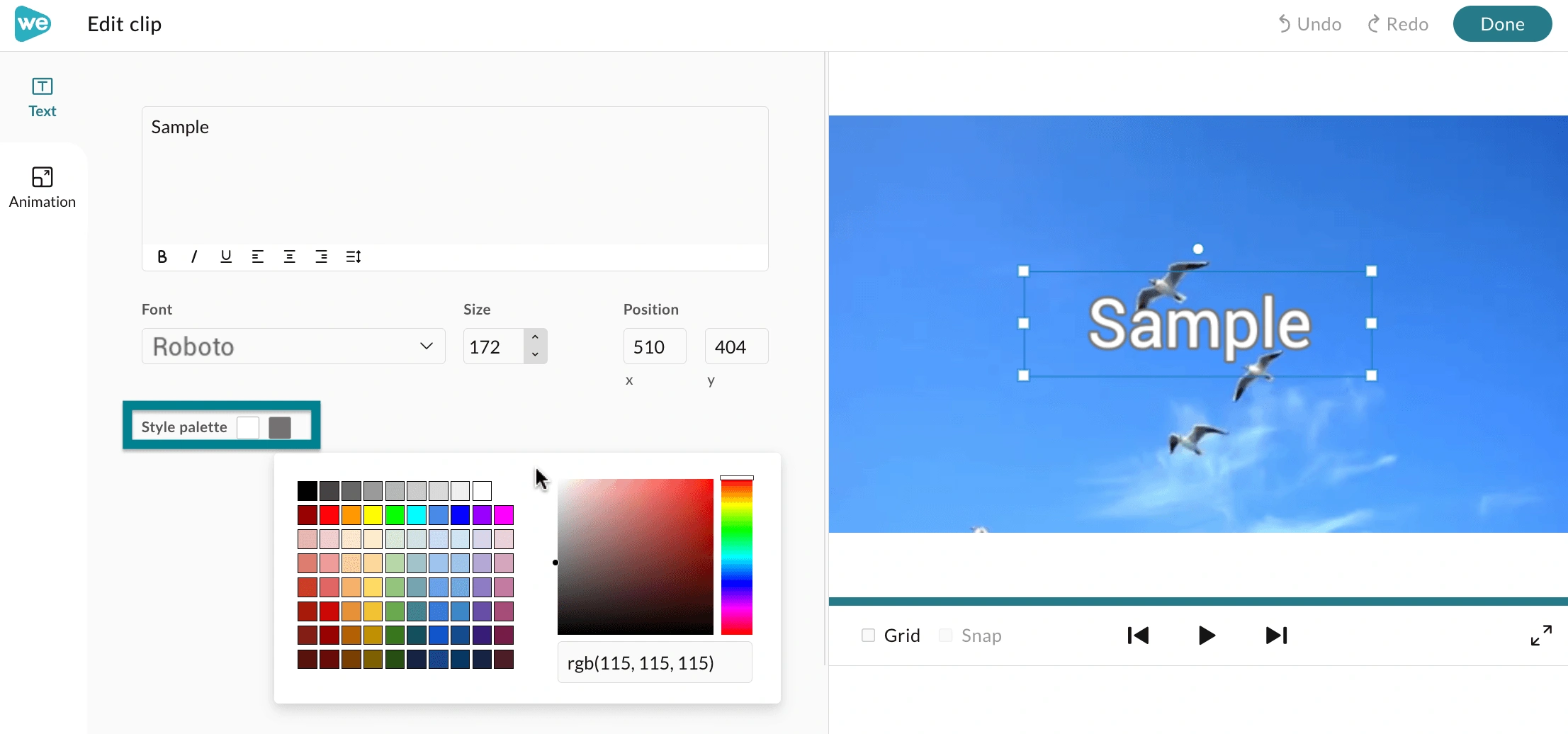 The clip editor for the selected text to adjust the color.