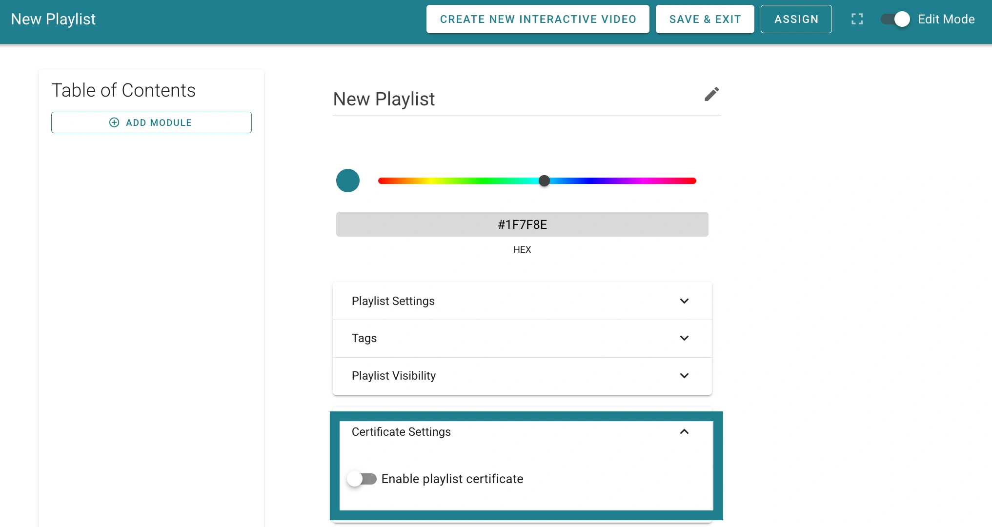 The certificate settings in the Interactivity Playlist editor