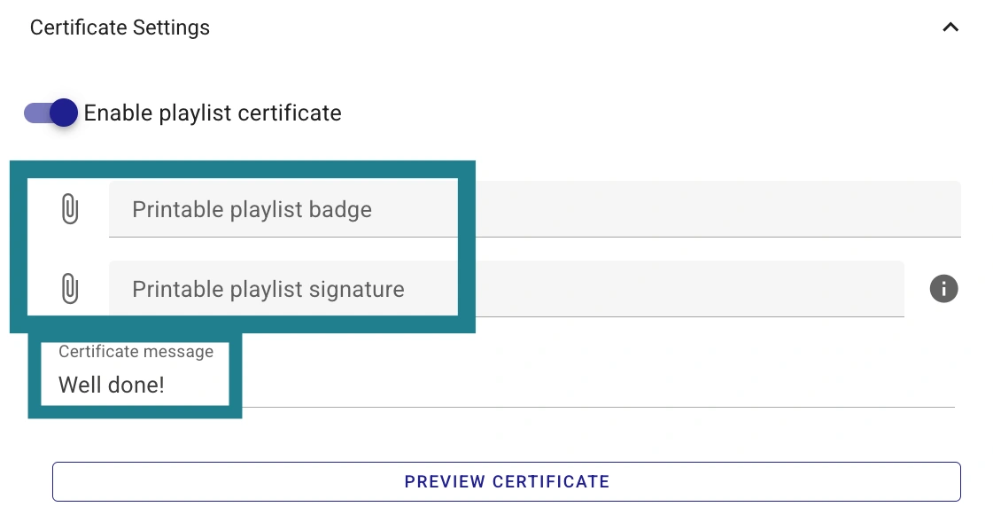 The playlist certificate settings section 
