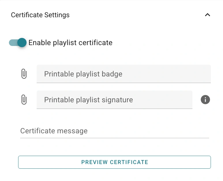 Toggle on the enable playlist certificate option.