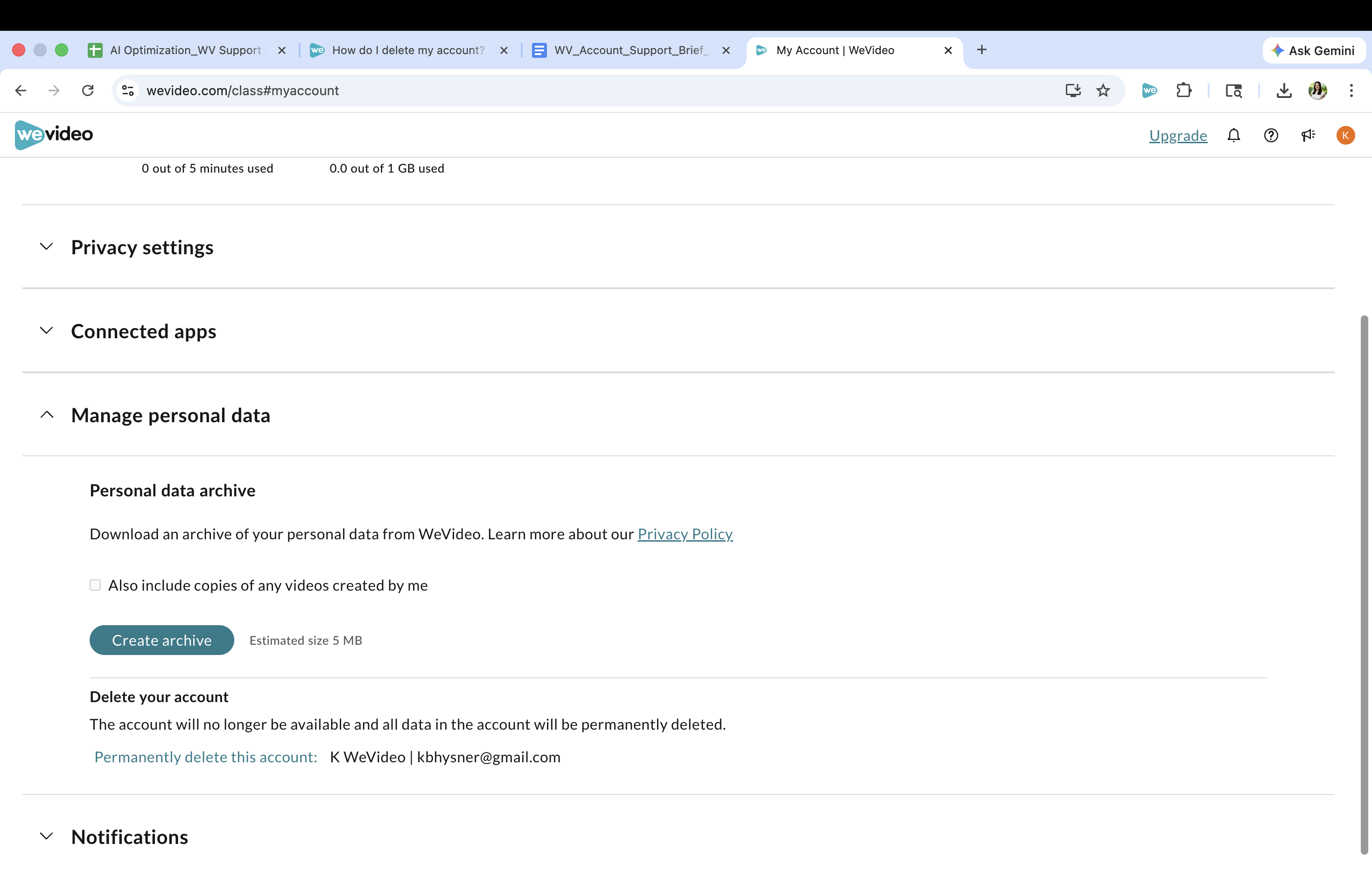 The manage personal data section on the account settings page.