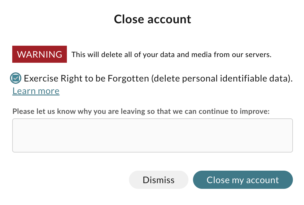 The close account window with the option to delete personal identifiable data.