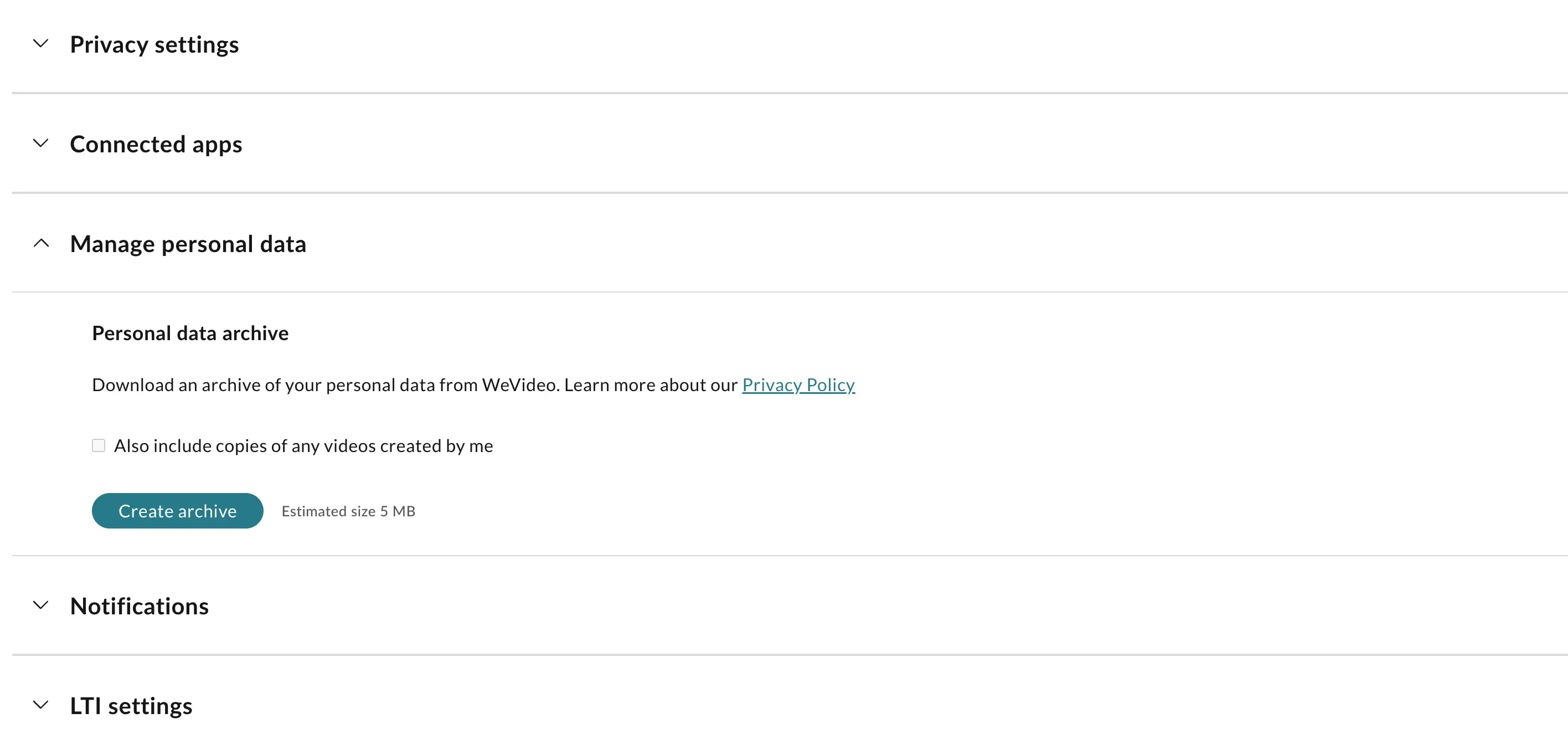 Expand the Manage Personal Data section in the account settings.
