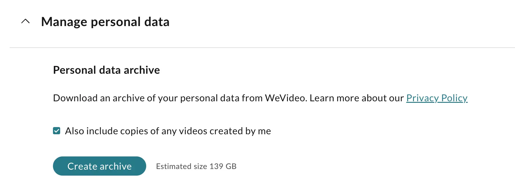The Creative Archive button to start making the data archive for the account.