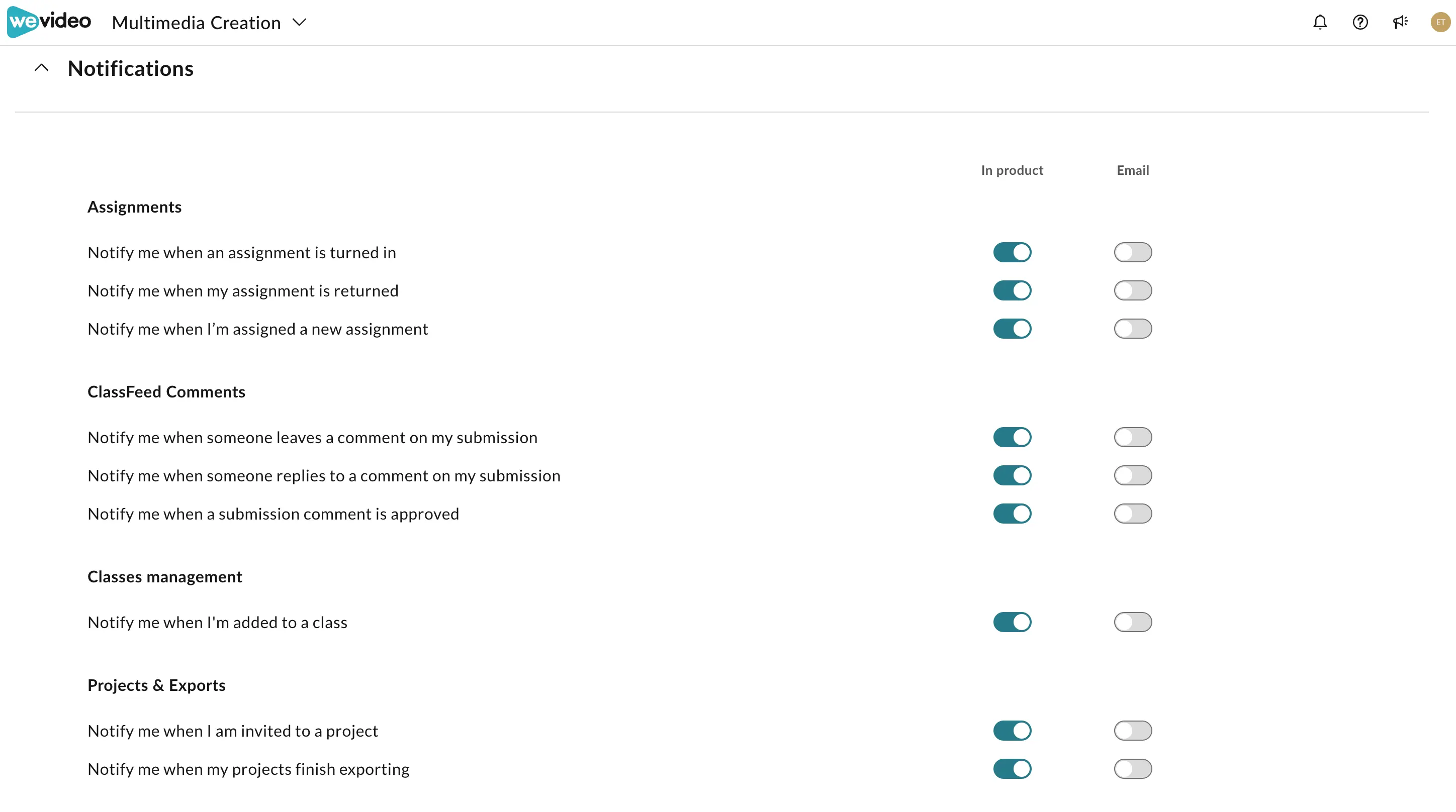 Notification categories for educational users