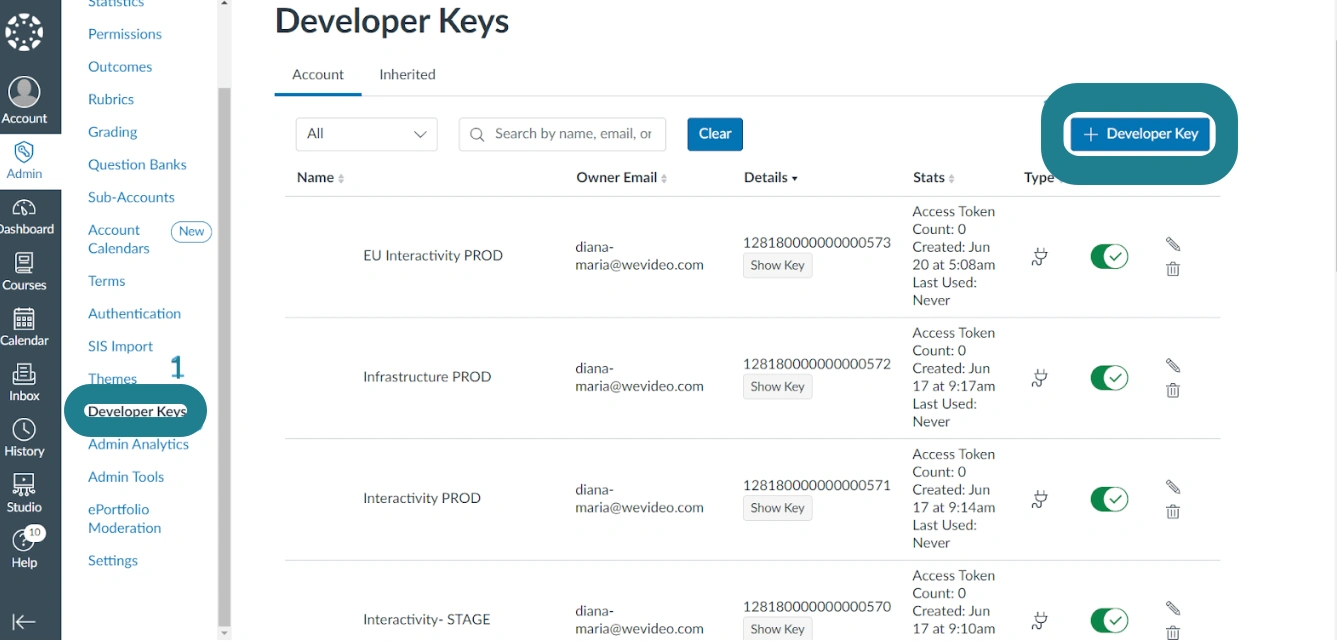 Select the developer keys option from the left sidebar, then click the add developer key button.