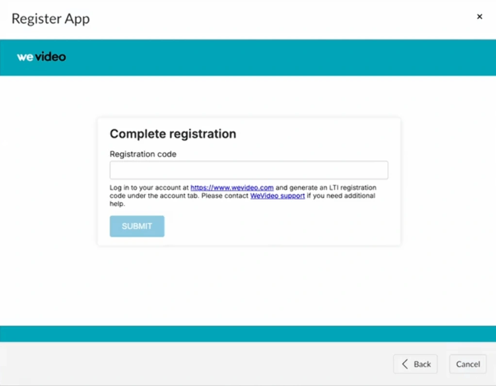 The registration window in WeVideo for an admin to paste the LTI key.