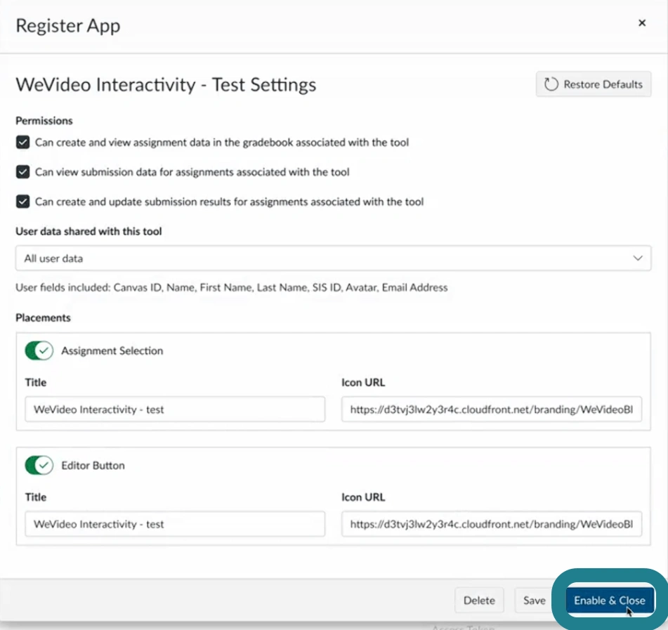 The registration setting window in Canvas