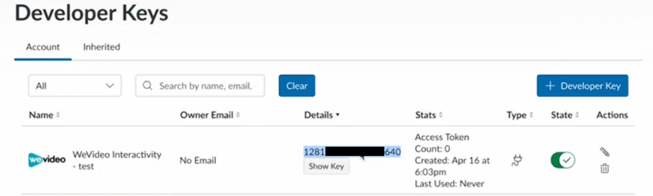 The developer keys page in Canvas with the client ID