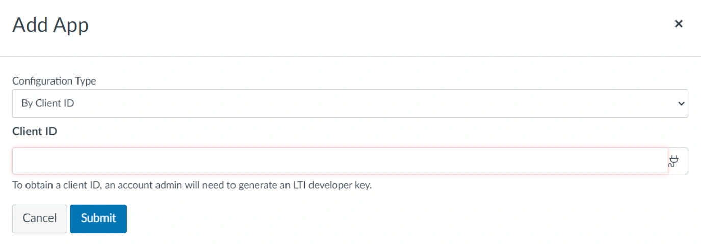 The configuration window for the added app in Canvas