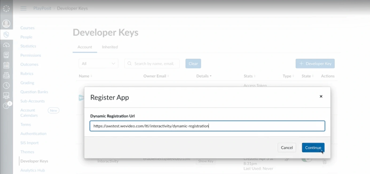 The Dynamic Registration URL input window in Canvas