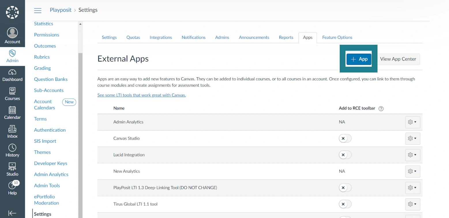 The plus app button on the Canvas Admin settings page.