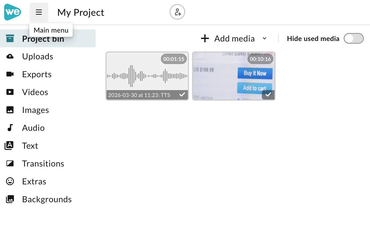 Main menu option in the WeVideo editor. 