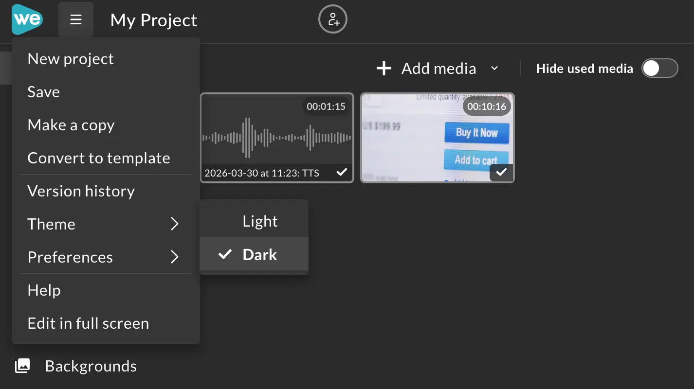 Example of switching to Dark Mode from the main menu drop-down in WeVideo. 
