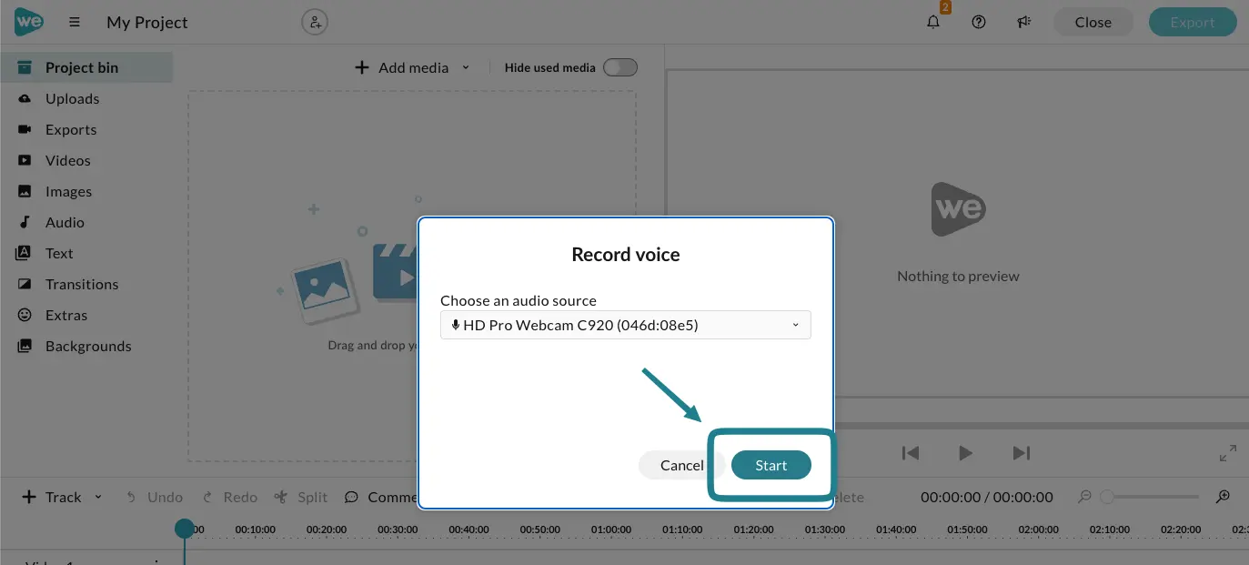The record voice panel with the Start button to start recording.