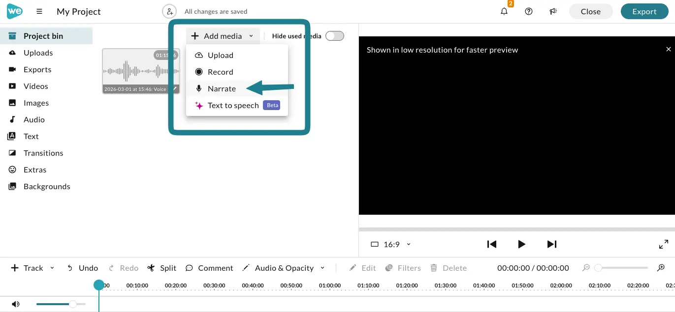The Add Narrate option in the Add Media menu in the WeVideo video editor.
