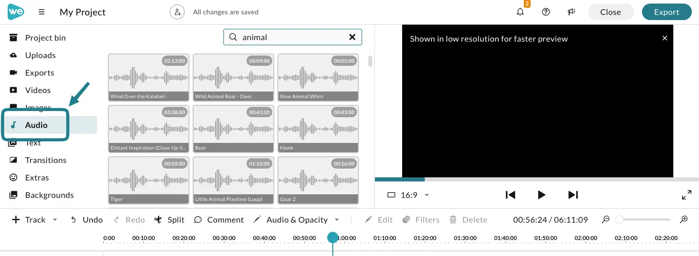 The audio tab for stock music and sound effects in the WeVideo video editor.