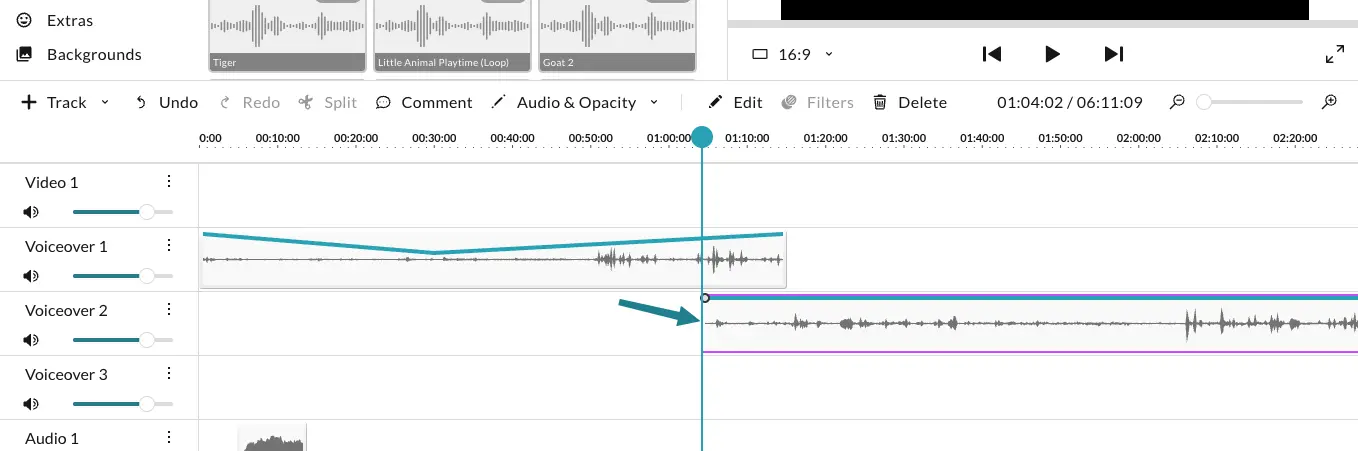 The audio clips are on the timeline in the editor.