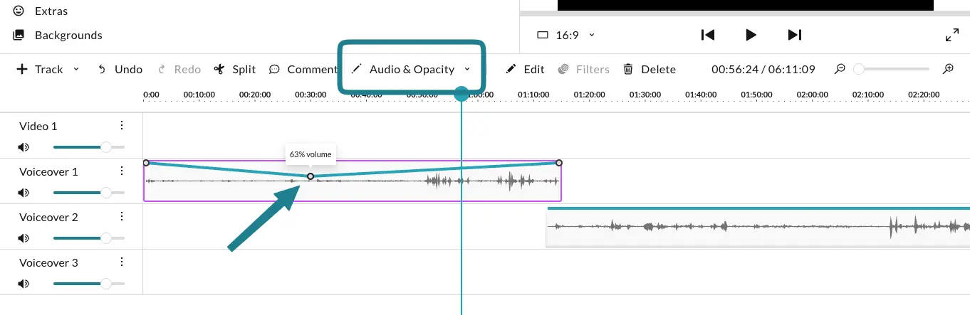 The audio and opacity option in the WeVideo video editor