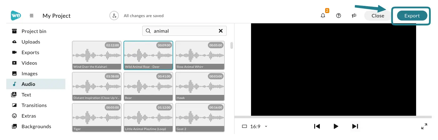 The export button in the WeVideo video editor.