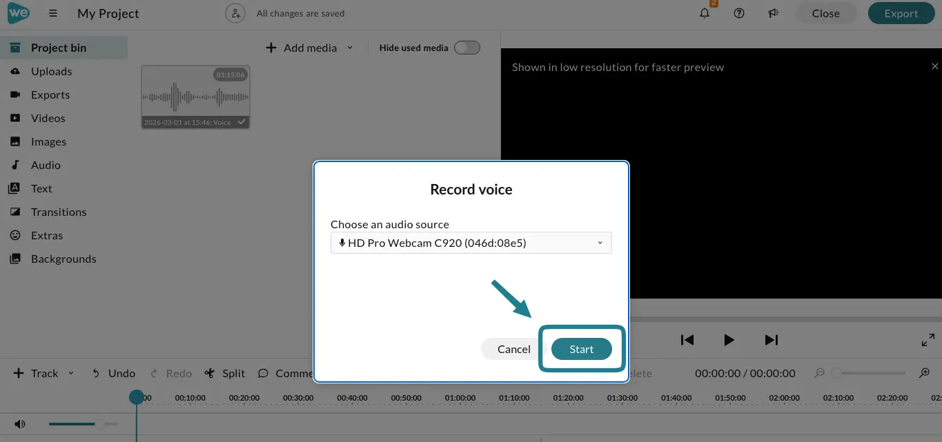 The record voice panel with the Start button to start recording.