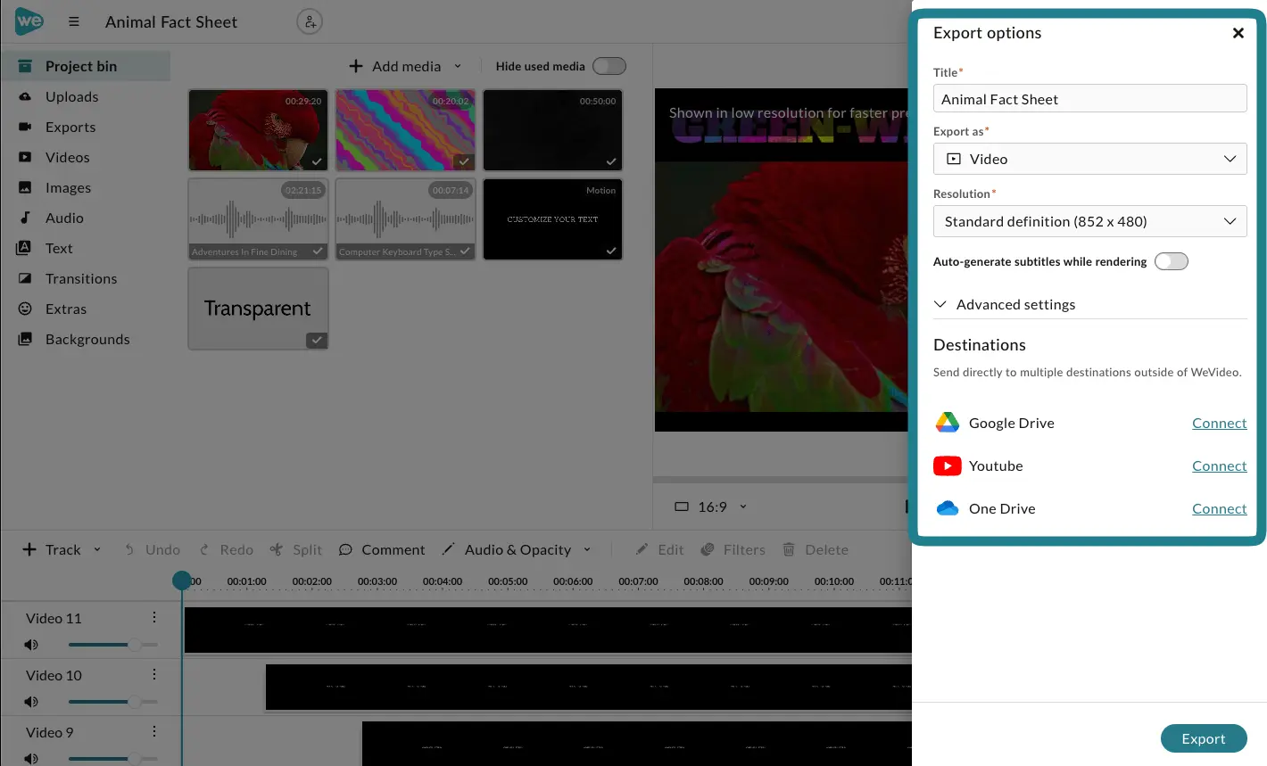 The export options in the WeVideo video editor.